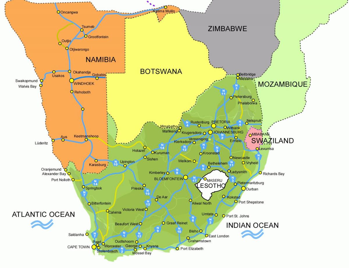 žemėlapis Lesotas ir pietų afrika
